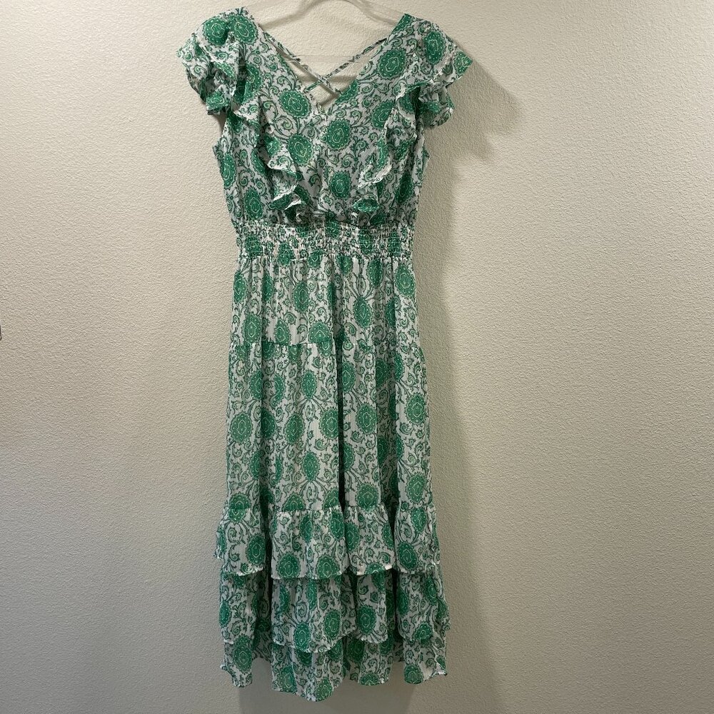 LACEY CHABERT Short Sleeve Green/White Tiered Ruffled Sheer Maxi Dress Women M